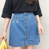 High Waist Button Embroidered Floral Denim Skirt