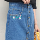 High Waist Button Embroidered Floral Denim Skirt