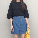 High Waist Button Embroidered Floral Denim Skirt