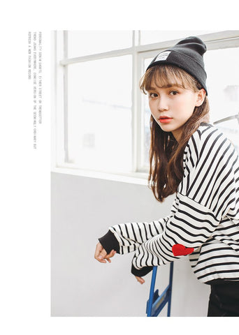 Embroidered Heart Patches Stripe Sweatshirt